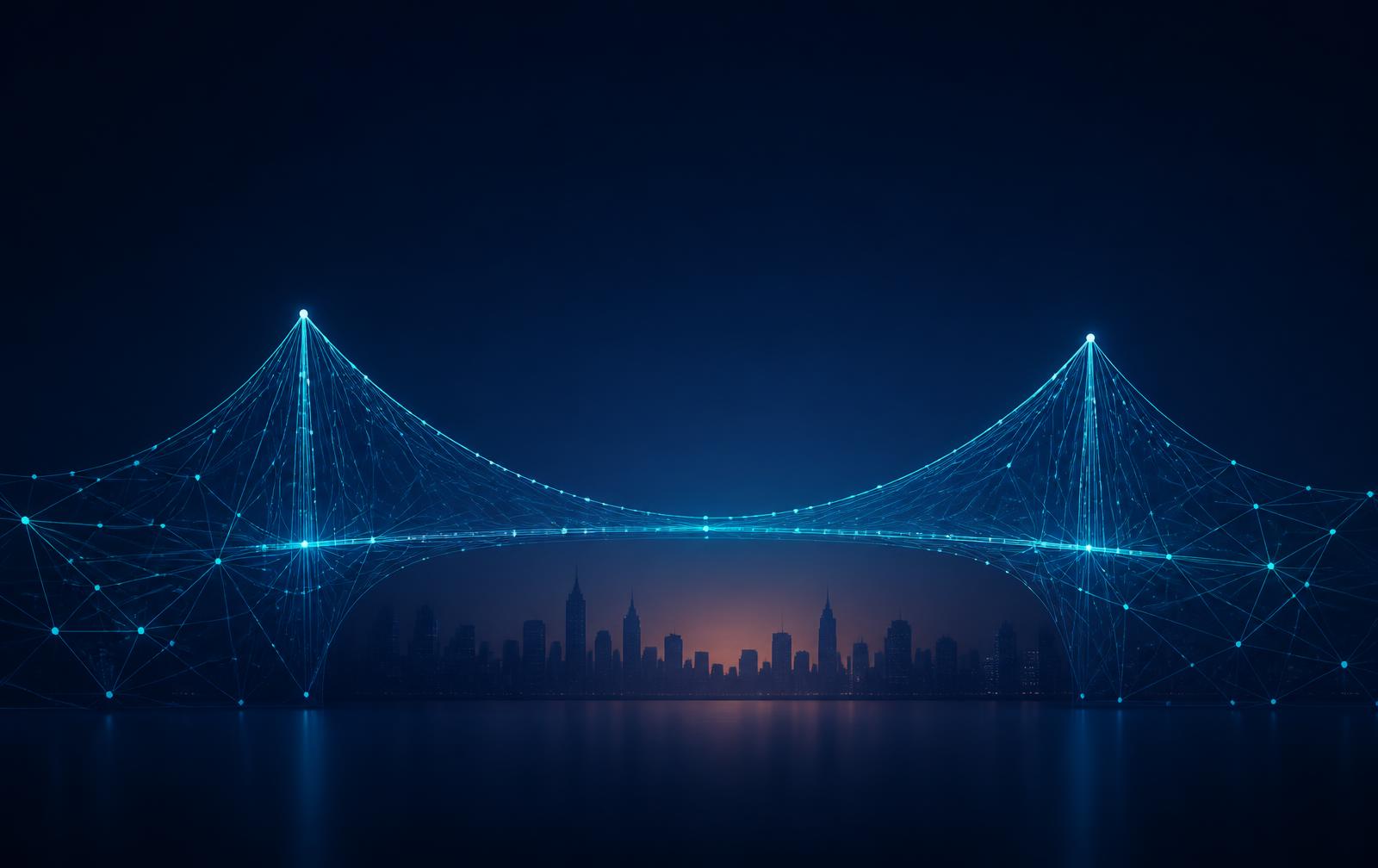 Illustration of a data network bridge over a city skyline at dusk